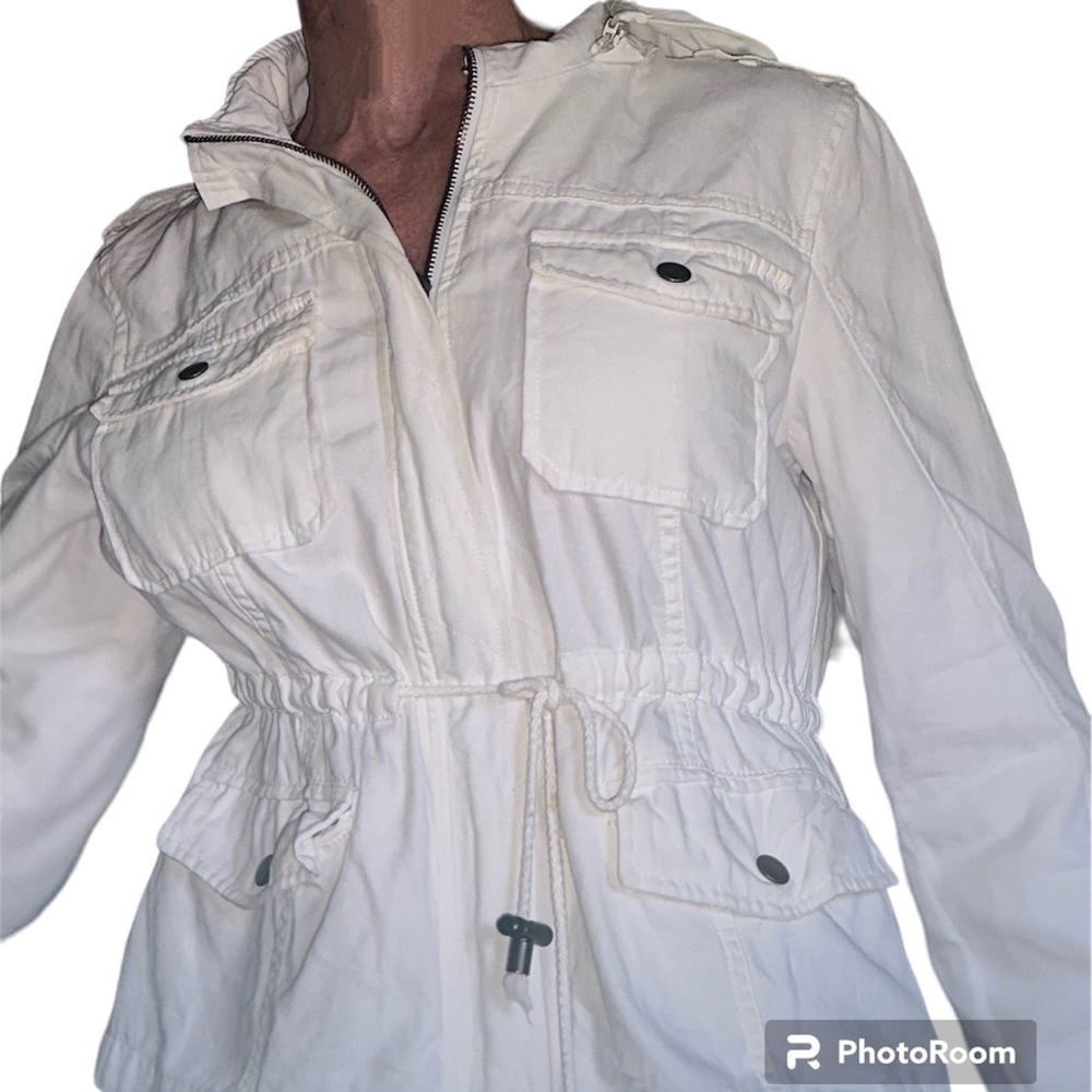 White jean jacket  American Rag hoodie Large ladies